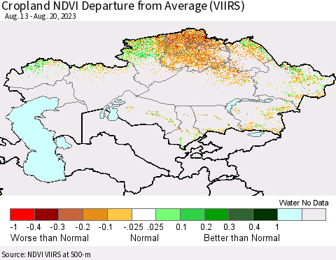 Kazakhstan Cropland NDVI Departure from Average (VIIRS) Thematic Map For 8/13/2023 - 8/20/2023