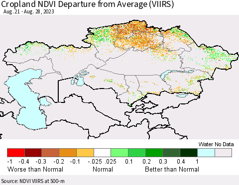 Kazakhstan Cropland NDVI Departure from Average (VIIRS) Thematic Map For 8/21/2023 - 8/28/2023