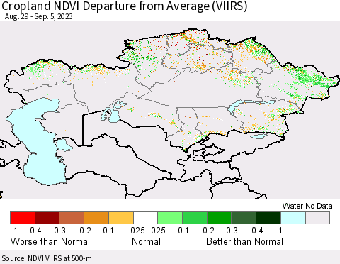 Kazakhstan Cropland NDVI Departure from Average (VIIRS) Thematic Map For 8/29/2023 - 9/5/2023