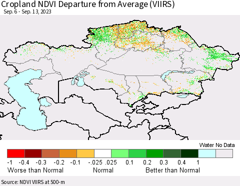Kazakhstan Cropland NDVI Departure from Average (VIIRS) Thematic Map For 9/6/2023 - 9/13/2023