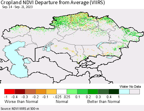 Kazakhstan Cropland NDVI Departure from Average (VIIRS) Thematic Map For 9/14/2023 - 9/21/2023