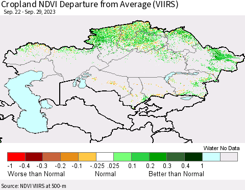 Kazakhstan Cropland NDVI Departure from Average (VIIRS) Thematic Map For 9/22/2023 - 9/29/2023