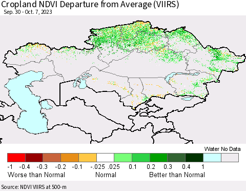 Kazakhstan Cropland NDVI Departure from Average (VIIRS) Thematic Map For 9/30/2023 - 10/7/2023