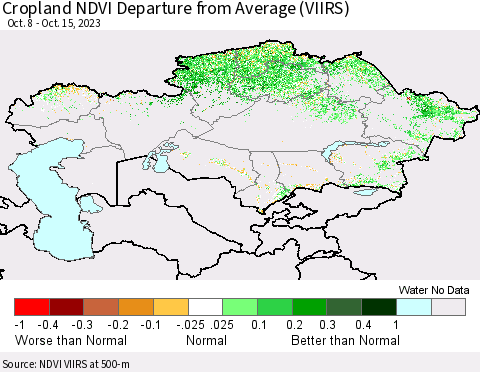 Kazakhstan Cropland NDVI Departure from Average (VIIRS) Thematic Map For 10/8/2023 - 10/15/2023