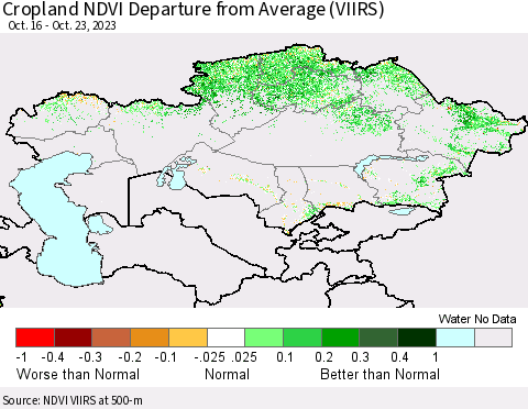 Kazakhstan Cropland NDVI Departure from Average (VIIRS) Thematic Map For 10/16/2023 - 10/23/2023