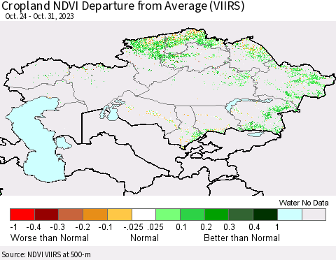 Kazakhstan Cropland NDVI Departure from Average (VIIRS) Thematic Map For 10/24/2023 - 10/31/2023