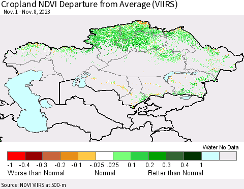 Kazakhstan Cropland NDVI Departure from Average (VIIRS) Thematic Map For 11/1/2023 - 11/8/2023