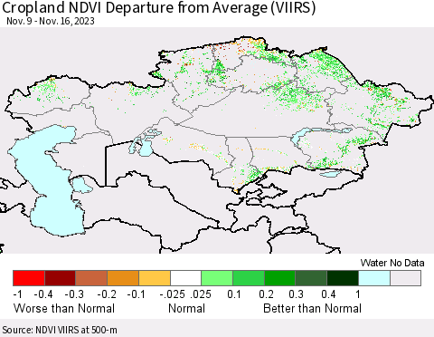 Kazakhstan Cropland NDVI Departure from Average (VIIRS) Thematic Map For 11/9/2023 - 11/16/2023