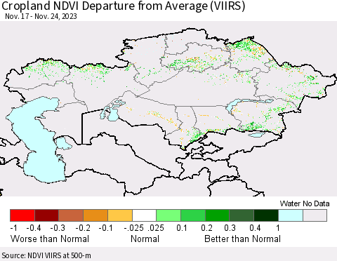 Kazakhstan Cropland NDVI Departure from Average (VIIRS) Thematic Map For 11/17/2023 - 11/24/2023