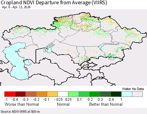 Kazakhstan Cropland NDVI Departure from Average (VIIRS) Thematic Map For 4/6/2024 - 4/13/2024