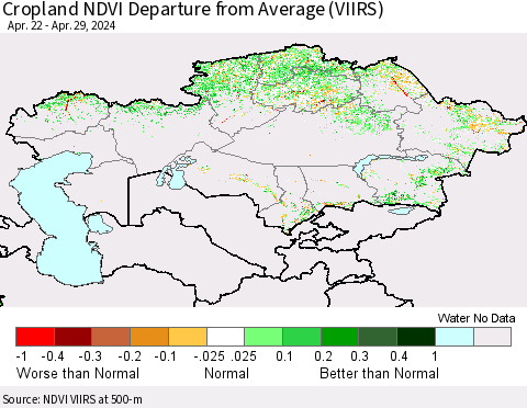 Kazakhstan Cropland NDVI Departure from Average (VIIRS) Thematic Map For 4/22/2024 - 4/29/2024