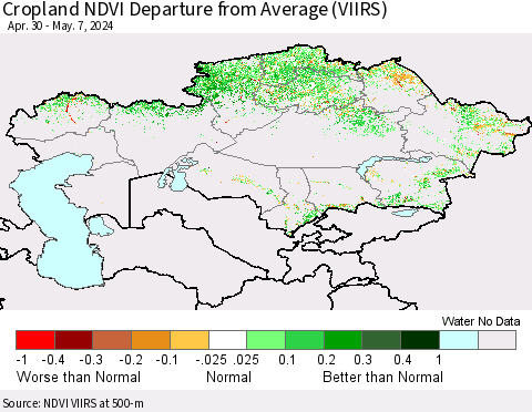 Kazakhstan Cropland NDVI Departure from Average (VIIRS) Thematic Map For 4/30/2024 - 5/7/2024