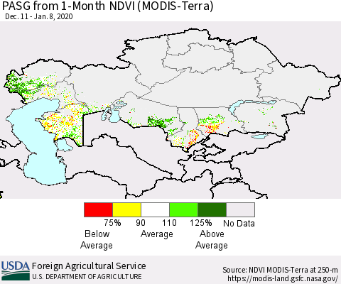 Kazakhstan PASG from 1-Month NDVI (Terra-MODIS) Thematic Map For 1/1/2020 - 1/10/2020