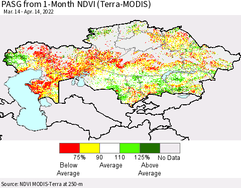 Kazakhstan PASG from 1-Month NDVI (Terra-MODIS) Thematic Map For 4/7/2022 - 4/14/2022