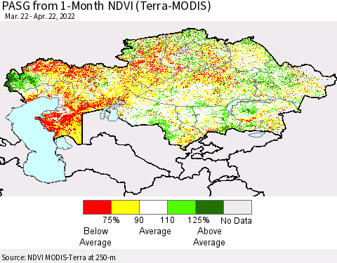 Kazakhstan PASG from 1-Month NDVI (Terra-MODIS) Thematic Map For 4/15/2022 - 4/22/2022