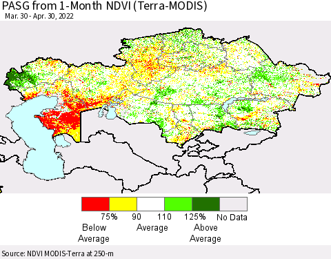Kazakhstan PASG from 1-Month NDVI (Terra-MODIS) Thematic Map For 4/23/2022 - 4/30/2022