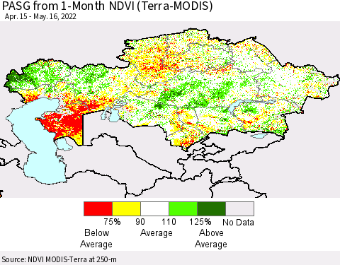 Kazakhstan PASG from 1-Month NDVI (Terra-MODIS) Thematic Map For 5/9/2022 - 5/16/2022