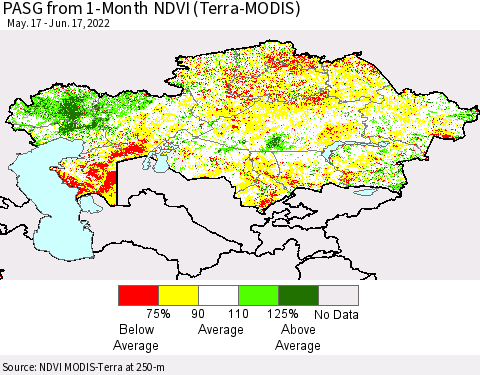 Kazakhstan PASG from 1-Month NDVI (Terra-MODIS) Thematic Map For 6/10/2022 - 6/17/2022