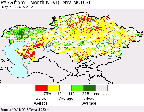 Kazakhstan PASG from 1-Month NDVI (Terra-MODIS) Thematic Map For 6/18/2022 - 6/25/2022
