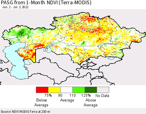 Kazakhstan PASG from 1-Month NDVI (Terra-MODIS) Thematic Map For 6/26/2022 - 7/3/2022