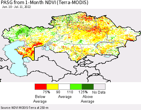 Kazakhstan PASG from 1-Month NDVI (Terra-MODIS) Thematic Map For 7/4/2022 - 7/11/2022