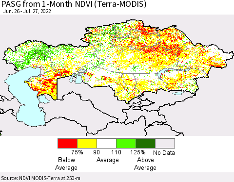 Kazakhstan PASG from 1-Month NDVI (Terra-MODIS) Thematic Map For 7/20/2022 - 7/27/2022