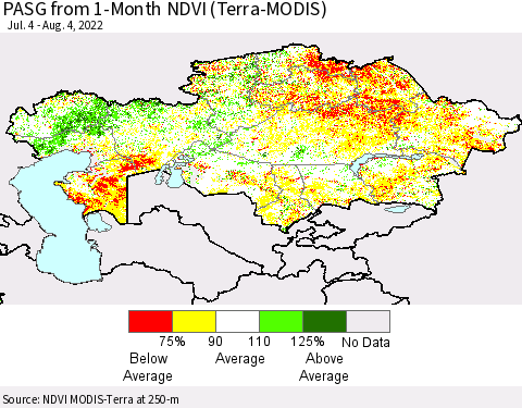 Kazakhstan PASG from 1-Month NDVI (Terra-MODIS) Thematic Map For 7/28/2022 - 8/4/2022