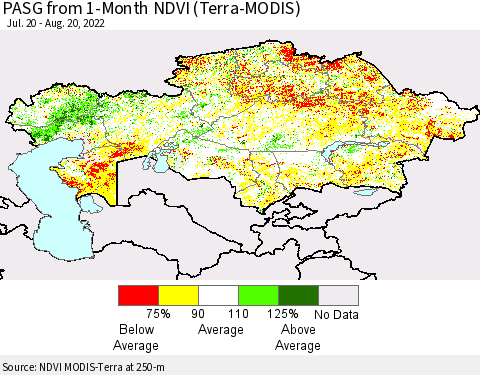 Kazakhstan PASG from 1-Month NDVI (Terra-MODIS) Thematic Map For 8/13/2022 - 8/20/2022
