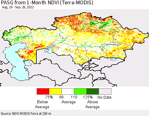 Kazakhstan PASG from 1-Month NDVI (Terra-MODIS) Thematic Map For 9/22/2022 - 9/29/2022