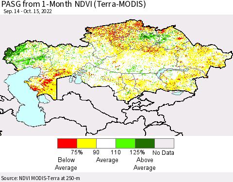 Kazakhstan PASG from 1-Month NDVI (Terra-MODIS) Thematic Map For 10/8/2022 - 10/15/2022