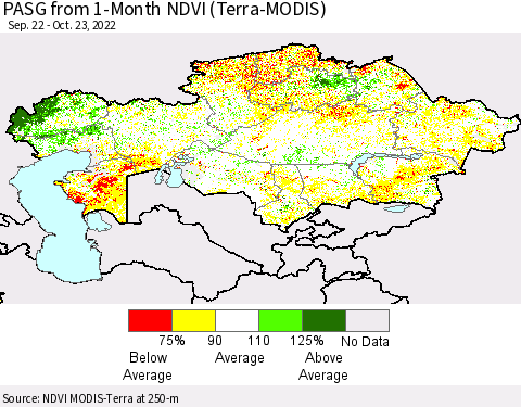 Kazakhstan PASG from 1-Month NDVI (Terra-MODIS) Thematic Map For 10/16/2022 - 10/23/2022