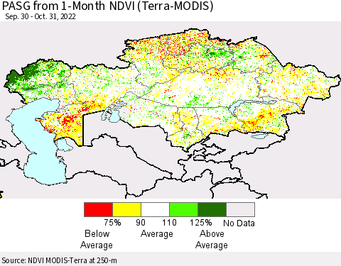Kazakhstan PASG from 1-Month NDVI (Terra-MODIS) Thematic Map For 10/24/2022 - 10/31/2022