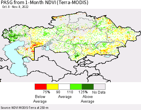 Kazakhstan PASG from 1-Month NDVI (Terra-MODIS) Thematic Map For 11/1/2022 - 11/8/2022