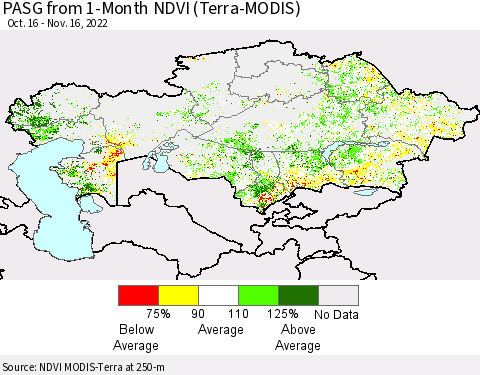 Kazakhstan PASG from 1-Month NDVI (Terra-MODIS) Thematic Map For 11/9/2022 - 11/16/2022
