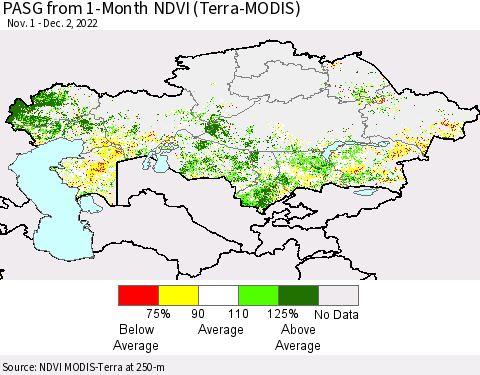 Kazakhstan PASG from 1-Month NDVI (Terra-MODIS) Thematic Map For 11/25/2022 - 12/2/2022