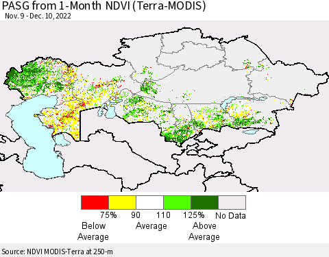 Kazakhstan PASG from 1-Month NDVI (Terra-MODIS) Thematic Map For 12/3/2022 - 12/10/2022
