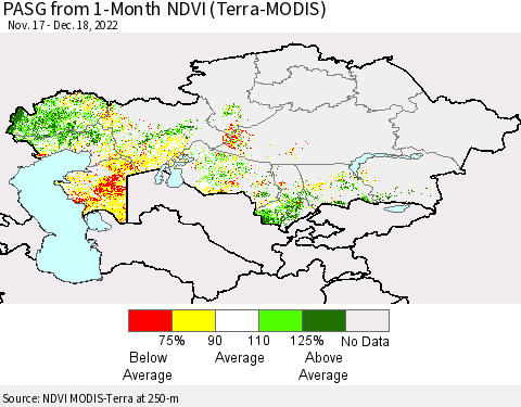Kazakhstan PASG from 1-Month NDVI (Terra-MODIS) Thematic Map For 12/11/2022 - 12/18/2022