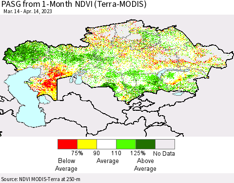 Kazakhstan PASG from 1-Month NDVI (Terra-MODIS) Thematic Map For 4/7/2023 - 4/14/2023