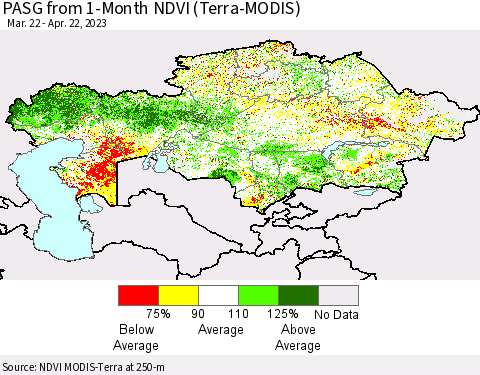Kazakhstan PASG from 1-Month NDVI (Terra-MODIS) Thematic Map For 4/15/2023 - 4/22/2023