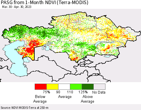 Kazakhstan PASG from 1-Month NDVI (Terra-MODIS) Thematic Map For 4/23/2023 - 4/30/2023