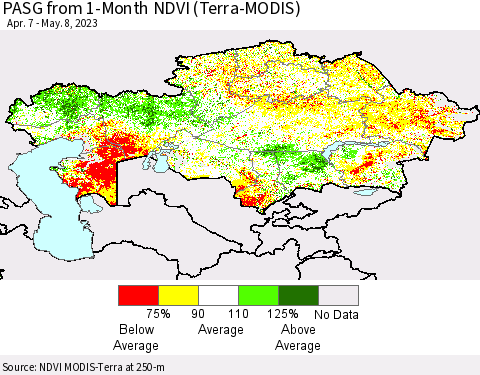 Kazakhstan PASG from 1-Month NDVI (Terra-MODIS) Thematic Map For 5/1/2023 - 5/8/2023