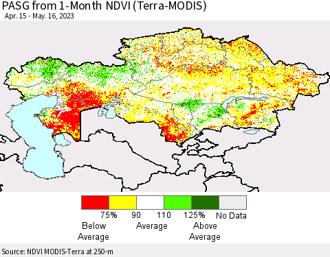 Kazakhstan PASG from 1-Month NDVI (Terra-MODIS) Thematic Map For 5/9/2023 - 5/16/2023