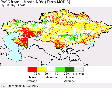 Kazakhstan PASG from 1-Month NDVI (Terra-MODIS) Thematic Map For 5/17/2023 - 5/24/2023