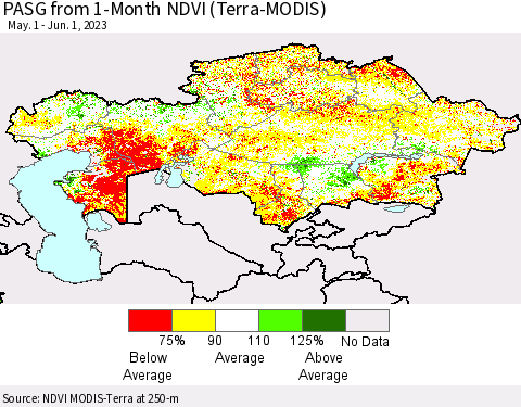 Kazakhstan PASG from 1-Month NDVI (Terra-MODIS) Thematic Map For 5/25/2023 - 6/1/2023