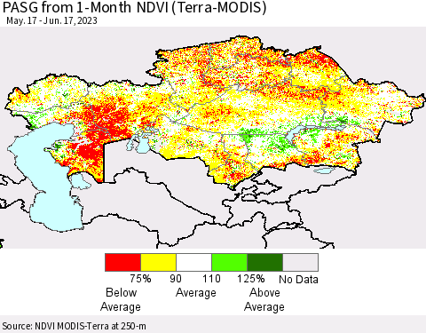 Kazakhstan PASG from 1-Month NDVI (Terra-MODIS) Thematic Map For 6/10/2023 - 6/17/2023