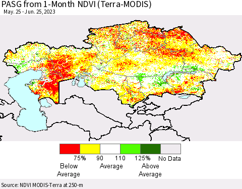 Kazakhstan PASG from 1-Month NDVI (Terra-MODIS) Thematic Map For 6/18/2023 - 6/25/2023