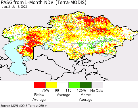 Kazakhstan PASG from 1-Month NDVI (Terra-MODIS) Thematic Map For 6/26/2023 - 7/3/2023