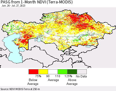 Kazakhstan PASG from 1-Month NDVI (Terra-MODIS) Thematic Map For 7/20/2023 - 7/27/2023