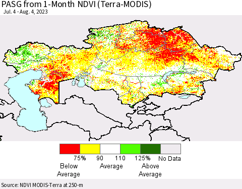 Kazakhstan PASG from 1-Month NDVI (Terra-MODIS) Thematic Map For 7/28/2023 - 8/4/2023