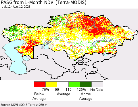 Kazakhstan PASG from 1-Month NDVI (Terra-MODIS) Thematic Map For 8/5/2023 - 8/12/2023